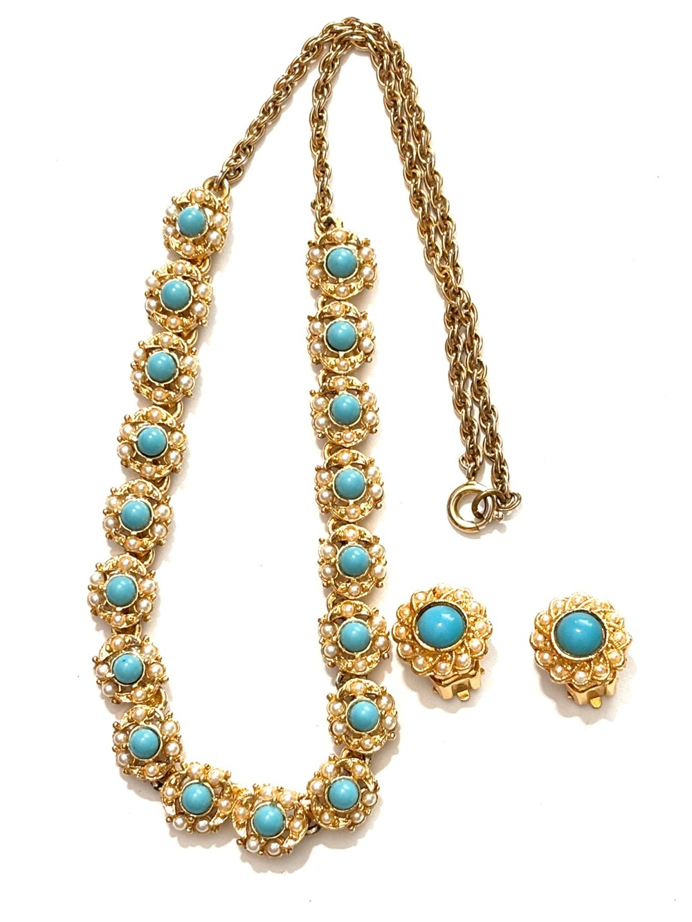 Vintage 1960s Faux Turquoise & Pearl Gold Tone Necklace Clip-On Earrings Set MCM